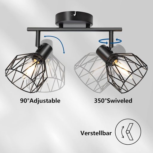 Spot LED de plafon, negru, KYOTECH, cu 2 becuri E14, rotativ 350°.