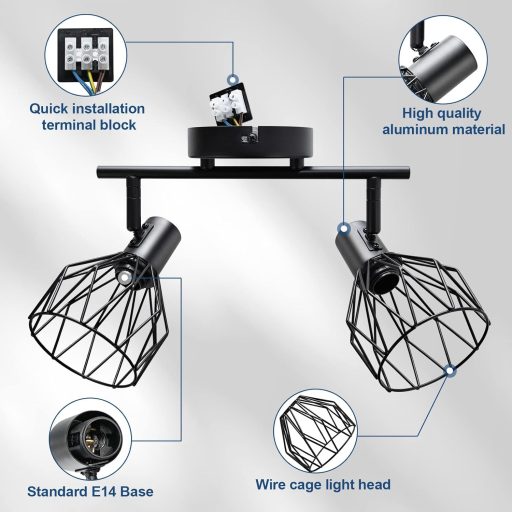 Spot LED de plafon, negru, KYOTECH, cu 2 becuri E14, rotativ 350°.