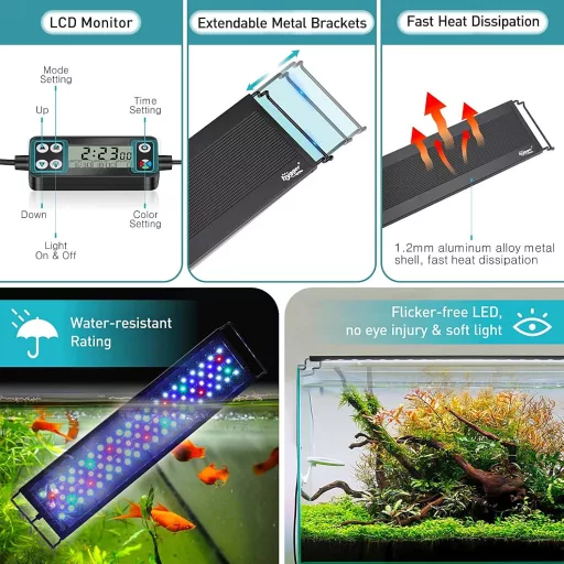 hygger LED Akvárium Lámpa Teljes Spektrummal, 18W, 7 Szín, Időzítő, 45-60cm