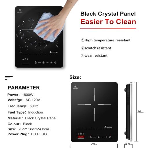 AAOBOSI Indukciós Főzőlap 2000W Hordozható Egytűzhelyes Érintőképernyős 20 Teljesítményszint LED Kijelző Timer Ezüst