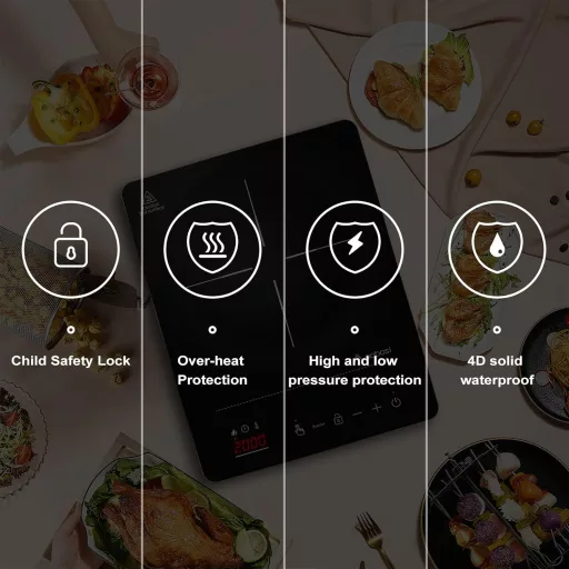 AAOBOSI Indukciós Főzőlap 2000W Hordozható Egytűzhelyes Érintőképernyős 20 Teljesítményszint LED Kijelző Timer Ezüst