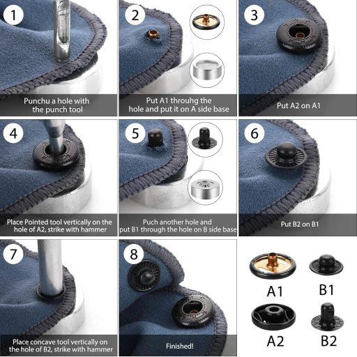 Yolev 12 szett nyomógomb készlet fogóval, 15 mm bőr nyomógomb, 4 szerelőeszköz, fekete