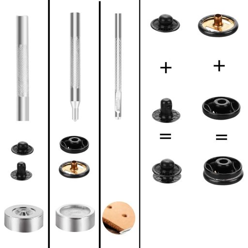 Yolev 12 szett nyomógomb készlet fogóval, 15 mm bőr nyomógomb, 4 szerelőeszköz, fekete