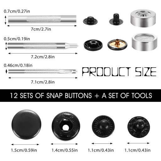 Yolev 12 szett nyomógomb készlet fogóval, 15 mm bőr nyomógomb, 4 szerelőeszköz, fekete