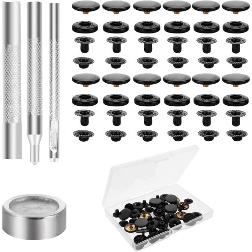 Yolev 12 szett nyomógomb készlet fogóval, 15 mm bőr nyomógomb, 4 szerelőeszköz, fekete