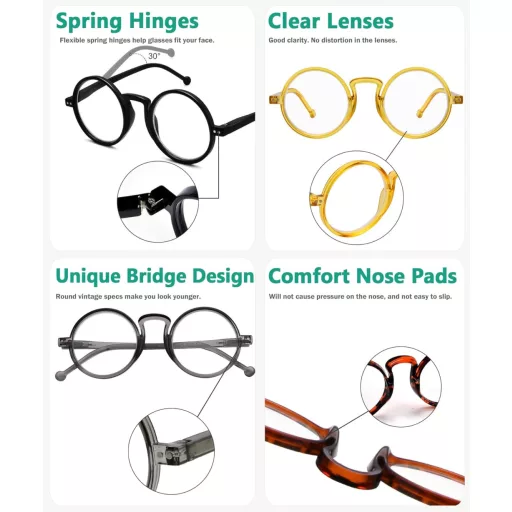Eyekepper 4 bucăți Ochelari de citit mari, rotunzi, +2.25 cu balama cu arc, unisex