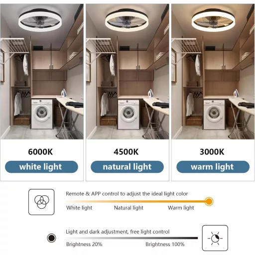 MOSSCO LED Mennyezeti Ventilátor Távirányítóval, Dimmelhető, 3 Szín, 6 Fokozat, 50cm