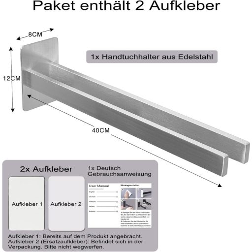Qiannhee Öntapadós Fali Törülközőtartó 40cm Rozsdamentes Acél Dupla Fekete
