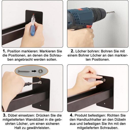 Suport autoadeziv pentru prosoape Qiannhee, 40 cm, dublu, din oțel inoxidabil, negru