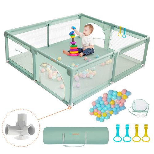 COMOMY XXL Bébi Járóka 180x200x66 cm - Gyerekeknek Puha Hálóval, Csúszásgátló Oxford Aljjal, Labdákkal, Mini Kosárral és 4 Húzógyűrűvel, Söt