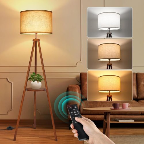 OUTON Fa Állólámpa Polccal - Távirányítós LED Tripod Lámpa 4 Színhőmérséklettel, Időzítővel, Bézs Lámpaernyővel Nappaliba, Hálószobába, Irod