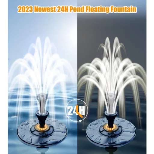 Fântână arteziană de iaz SZMP cu iluminare LED 6W - 4 jeturi de apă reglabile, cablu de 10m, pompă plutitoare pentru iaz, piscină