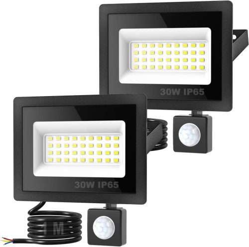 kolpop LED Mozgásérzékelős Reflektor Kültéri, 2 db 30W 3000LM, 6500K Hideg Fehér, IP65 Vízálló, 120° Szögben Állítható Lámpa Garázsba, Kertb