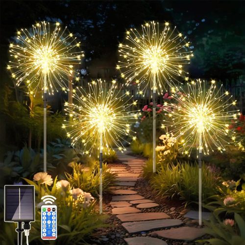 Dekofun Napelemes Kerti Lámpa Szett - 4db 120 LED Pitypang Fényeffekt, 8 Üzemmód, Távirányítóval, Vízálló Kültéri Világítás Erkélyre, Terasz