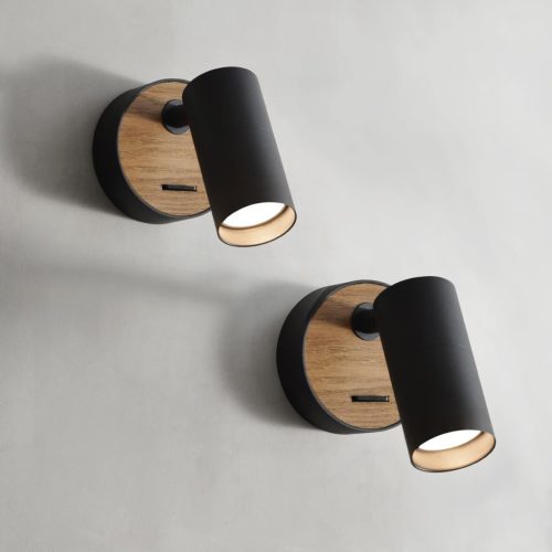ouglres Aplice de perete negre cu întrerupător, 2 bucăți, spoturi retro din lemn-aluminiu, rotative, iluminat interior compact pentru dormitor, living, GU1