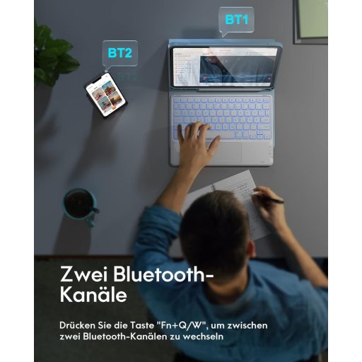 CHESONA iPad Pro 11 Air tok billentyűzettel, 7 szín LED, 2 csatorna Bluetooth, kék
