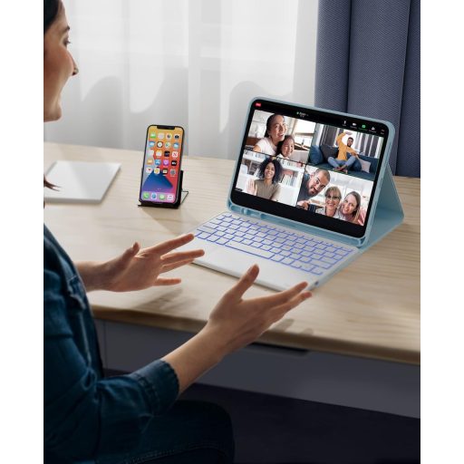 CHESONA maska/futrola za iPad Pro 11 Air s tipkovnicom, 7 boja LED, 2 kanala Bluetooth, plava
