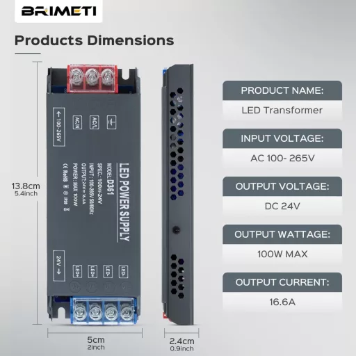 Transformator LED BRIMETI 230V-24V 100W - Sursă de Alimentare Subțire din Aluminiu, Convertor în Comutație 4,16A pentru Bandă LED, Iluminat de Grădină