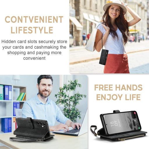 UEEBAI Puzdro Peňaženka pre Samsung Galaxy A14 5G, Prémiové PU Kožené Puzdro na Telefón s Držiakom na Karty Magnetickým Zatváraním Vreckom na Zips a Stojanom Čierne