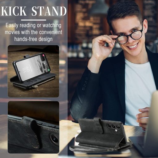 UEEBAI Puzdro Peňaženka pre Samsung Galaxy A14 5G, Prémiové PU Kožené Puzdro na Telefón s Držiakom na Karty Magnetickým Zatváraním Vreckom na Zips a Stojanom Čierne