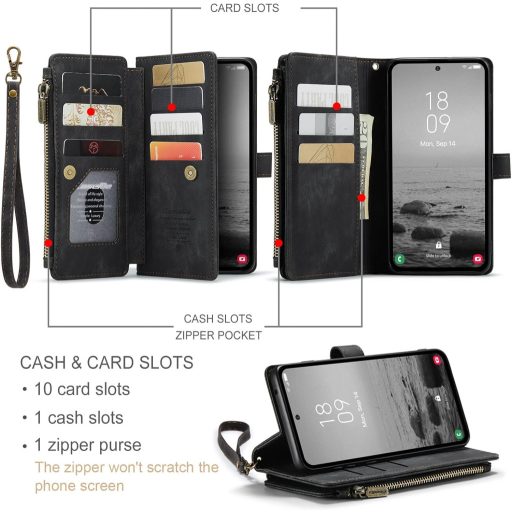 Husă Portofel UEEBAI pentru Samsung Galaxy A14 5G, Husa Premium din Piele PU cu Suport Card, Închidere Magnetică, Buzunar cu Fermoar și Funcție Stand, Negru