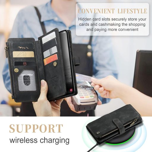 Husă Portofel UEEBAI pentru Samsung Galaxy A14 5G, Husa Premium din Piele PU cu Suport Card, Închidere Magnetică, Buzunar cu Fermoar și Funcție Stand, Negru