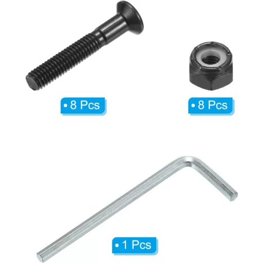 PATIKIL Súprava skrutiek na skateboard – Kovové skrutky, matice a kľúč pre longboardy a cruisery – 30 mm čierna