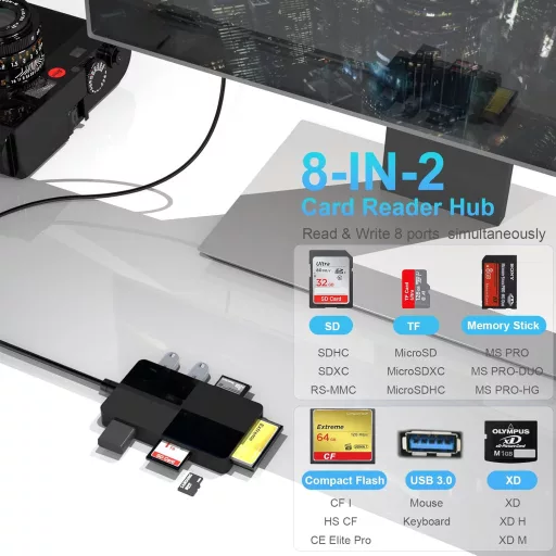 Rocketek 8 az 2-ben USB-C/USB 3.0 Kártyaolvasó - SD/TF/CF/XD/MS Memóriakártya Adapter, 3 USB Porttal, 2TB Kapacitásig, Windows/Mac/Android K