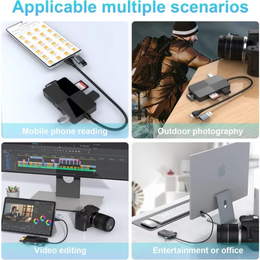 Rocketek 8 az 2-ben USB-C/USB 3.0 Kártyaolvasó - SD/TF/CF/XD/MS Memóriakártya Adapter, 3 USB Porttal, 2TB Kapacitásig, Windows/Mac/Android K