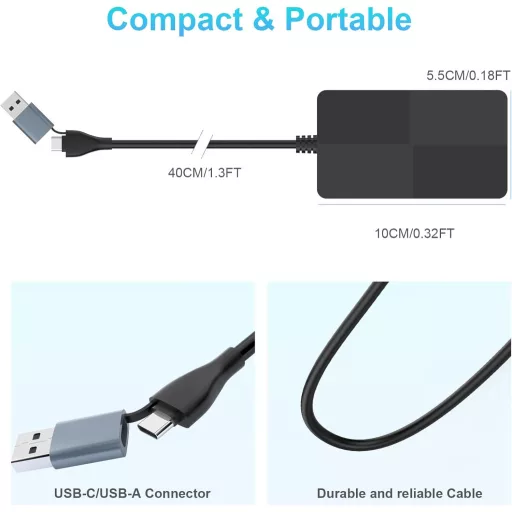 Rocketek 8 az 2-ben USB-C/USB 3.0 Kártyaolvasó - SD/TF/CF/XD/MS Memóriakártya Adapter, 3 USB Porttal, 2TB Kapacitásig, Windows/Mac/Android K