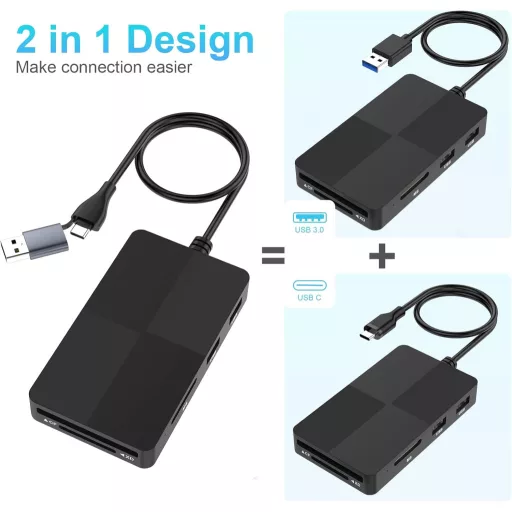 Rocketek 8 az 2-ben USB-C/USB 3.0 Kártyaolvasó - SD/TF/CF/XD/MS Memóriakártya Adapter, 3 USB Porttal, 2TB Kapacitásig, Windows/Mac/Android K