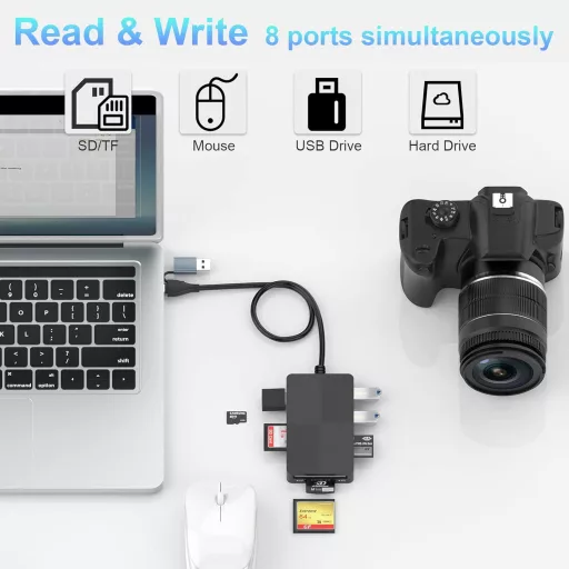 Rocketek 8 az 2-ben USB-C/USB 3.0 Kártyaolvasó - SD/TF/CF/XD/MS Memóriakártya Adapter, 3 USB Porttal, 2TB Kapacitásig, Windows/Mac/Android K