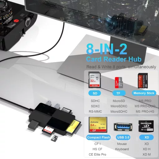 Rocketek 8-u-1 USB-C/USB 3.0 čitač kartica - SD/TF/CF/XD/MS adapter za memorijske kartice, s 3 USB priključka, do 2TB kapaciteta, Windows/Mac/Android K