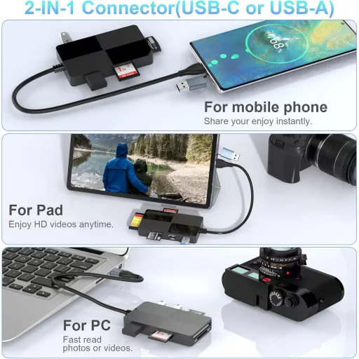 Rocketek 8-u-1 USB-C/USB 3.0 čitač kartica - SD/TF/CF/XD/MS adapter za memorijske kartice, s 3 USB priključka, do 2TB kapaciteta, Windows/Mac/Android K