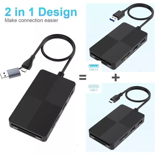 Rocketek 8-u-1 USB-C/USB 3.0 čitač kartica - SD/TF/CF/XD/MS adapter za memorijske kartice, s 3 USB priključka, do 2TB kapaciteta, Windows/Mac/Android K