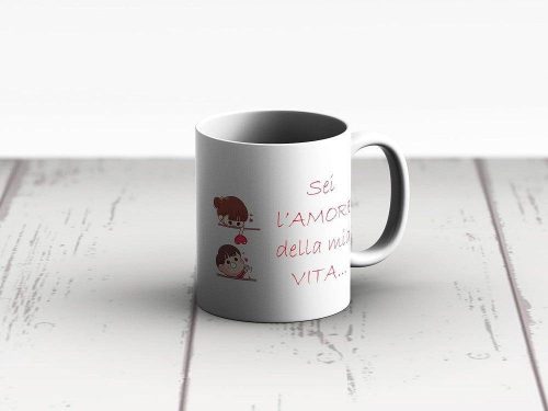 Cană ceramică cu inscripție în spaniolă "Amor" și model cu dragoste eternă.
