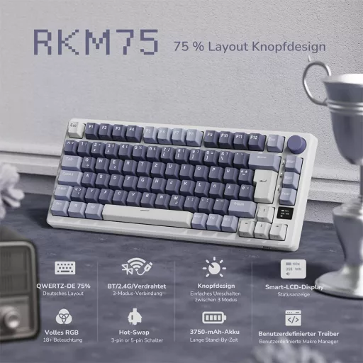 RK ROYAL KLUDGE M75 Vezeték Nélküli Mechanikus Gamer Billentyűzet, 75% TKL, RGB, QWERTZ, OLED Kijelzővel, Hot-Swap Red Switch, Levendula Lil