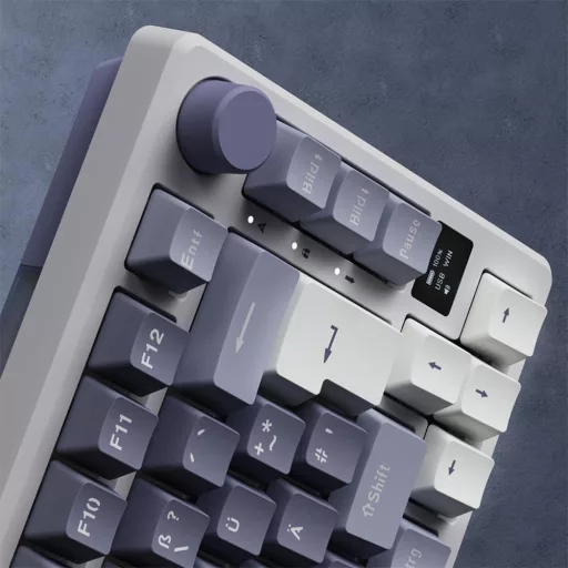 RK ROYAL KLUDGE M75 Vezeték Nélküli Mechanikus Gamer Billentyűzet, 75% TKL, RGB, QWERTZ, OLED Kijelzővel, Hot-Swap Red Switch, Levendula Lil