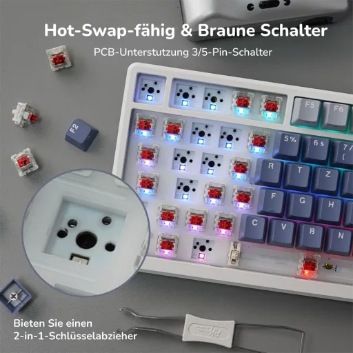 RK ROYAL KLUDGE M75 Vezeték Nélküli Mechanikus Gamer Billentyűzet, 75% TKL, RGB, QWERTZ, OLED Kijelzővel, Hot-Swap Red Switch, Levendula Lil