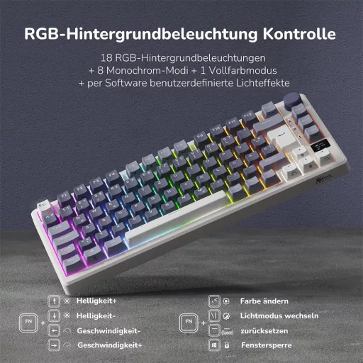 RK ROYAL KLUDGE M75 Vezeték Nélküli Mechanikus Gamer Billentyűzet, 75% TKL, RGB, QWERTZ, OLED Kijelzővel, Hot-Swap Red Switch, Levendula Lil