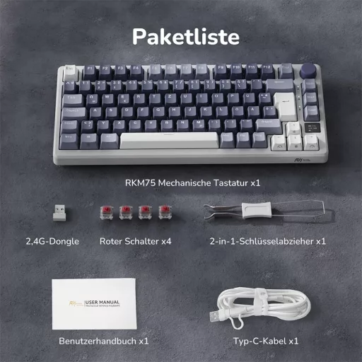 RK ROYAL KLUDGE M75 Vezeték Nélküli Mechanikus Gamer Billentyűzet, 75% TKL, RGB, QWERTZ, OLED Kijelzővel, Hot-Swap Red Switch, Levendula Lil