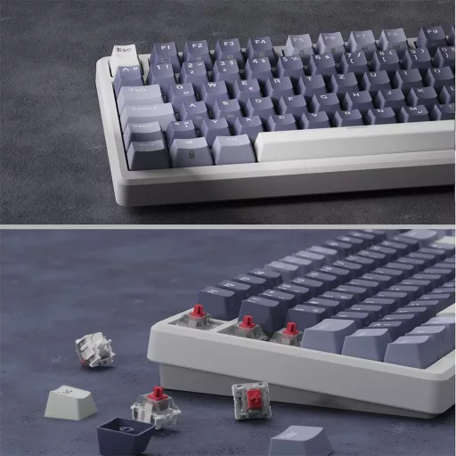 RK ROYAL KLUDGE M75 Vezeték Nélküli Mechanikus Gamer Billentyűzet, 75% TKL, RGB, QWERTZ, OLED Kijelzővel, Hot-Swap Red Switch, Levendula Lil