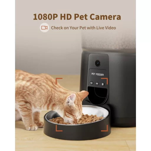 PUPPY KITTY Distribuitor Automat de Hrană pentru Pisici cu Cameră 1080P - Control prin Aplicație WiFi, Vedere Nocturnă, Bol din Oțel Inoxidabil, 1-8 Porții pe Zi, Capacitate 4L
