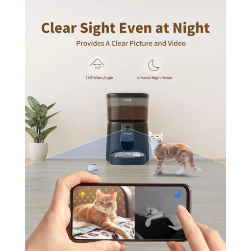 PUPPY KITTY Automata Macska Etető 1080P Kamerával - WiFi Applikációs Vezérlés, Éjjellátó, Rozsdamentes Tál, Napi 1-8 Etetés, 4L Kapacitás - black
