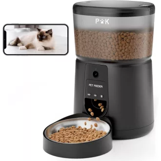   PUPPY KITTY Automatické krmítko pre mačky s 1080P kamerou - WiFi ovládanie cez aplikáciu, nočné videnie, nerezová miska, 1-8 kŕmení denne, kapacita 4L