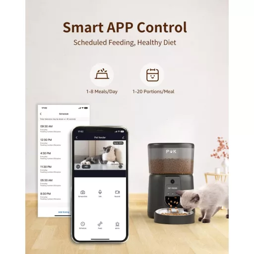 PUPPY KITTY Automatické krmítko pre mačky s 1080P kamerou - WiFi ovládanie cez aplikáciu, nočné videnie, nerezová miska, 1-8 kŕmení denne, kapacita 4L