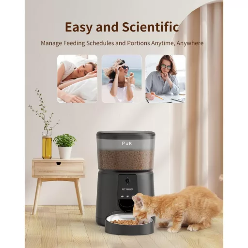 PUPPY KITTY Automatické krmítko pre mačky s 1080P kamerou - WiFi ovládanie cez aplikáciu, nočné videnie, nerezová miska, 1-8 kŕmení denne, kapacita 4L