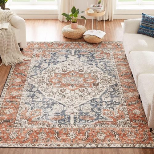 160x230 cm Mosható Vintage Szőnyeg - Narancssárga Rövid Szálú Boho Szőnyeg Nappali, Étkező, Hálószoba - Csúszásgátló Mikroszálas 