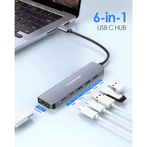 LENTION 6-v-1 USB-C Hub 4K HDMI Adaptér s 100W PD Nabíjaním, Kompatibilný s MacBook Pro/Air, iPhone 16/15, s Konektorom Thunderbolt 3/4