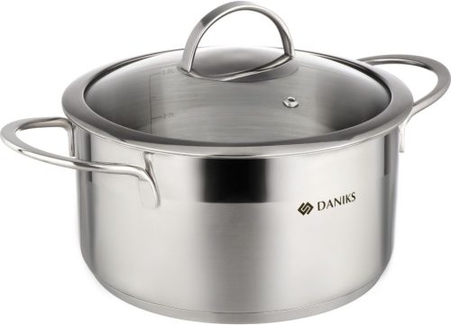 Oală de gătit Daniks Bonn din inox, 3,4 L, pentru inducție, cu scală de măsurare, capac de sticlă, 20 cm, argintiu